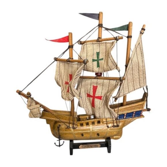 Unbranded Other - Vintage Wooden Santa Maria Ship Model Canvas Sails on Stand
